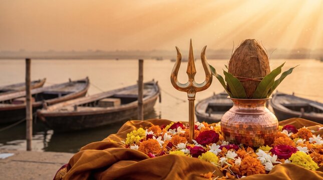 Sacred Hindu Offering with Trishula and Kalash at Ganges River Sunset
