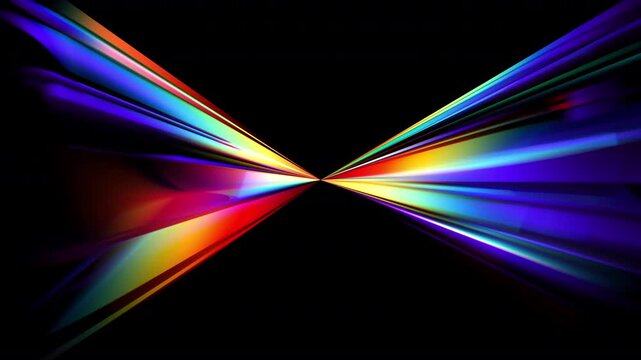 Rotating glass prisms scattering vivid spectral light across black background and creating rainbow dispersion. Sharp triangular luminous beams combining symmetry, geometry and motion. Seamless loop 4K