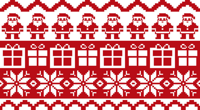 Christmas sweater pattern with santa claus icons and gift boxes in red and white Vector