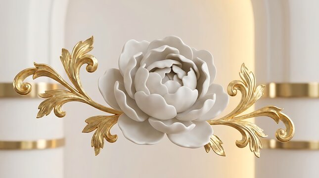 Elegant gold rose flower with decorative vintage acanthus leaf scrolls on a light luxury background