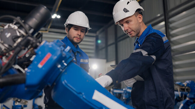 Industrial robotics technicians inspect welding robotic arm at robot warehouse. safety, precision, reliability, before shipment.