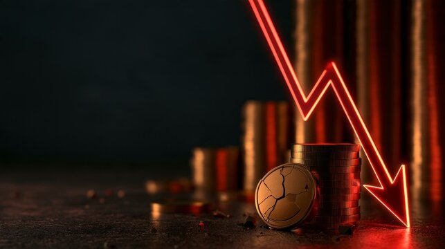 Financial Crisis and Stock Market Crash Concept with Red Downward Arrow and Broken Gold Coin