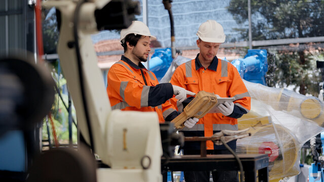 Robotics specialists testing robot welding before delivery, supporting inspection, engineering, programming, calibration, quality assurance, commissioning.