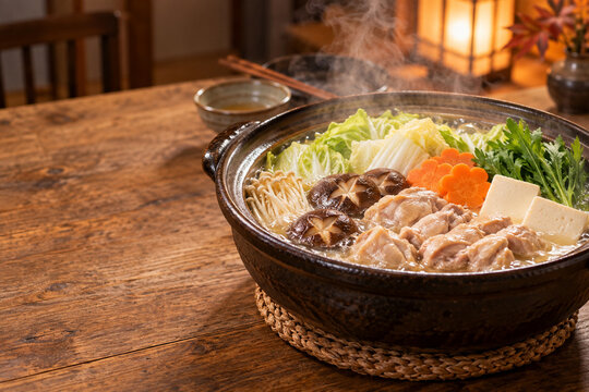 Steaming Japanese nabe hot pot with vegetables tofu and chicken