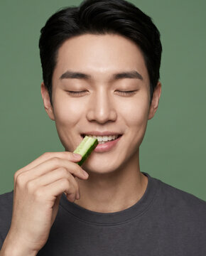 Crisp man bites a fresh cucumber stick, with closed eyes in a tight, expressive crop