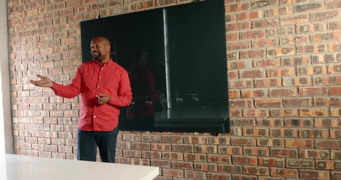 Lifestyle videos indoor of people doing activities at office, presenting data on blackboard, man exp
