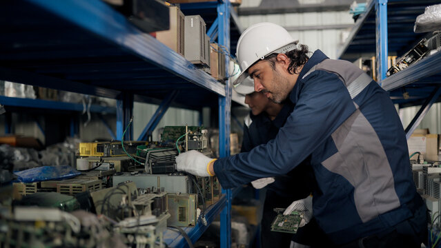 Maintenance technicians check spare part for in industrial warehouse, supporting inventory control, identification, repair planning, reliability, efficiency.