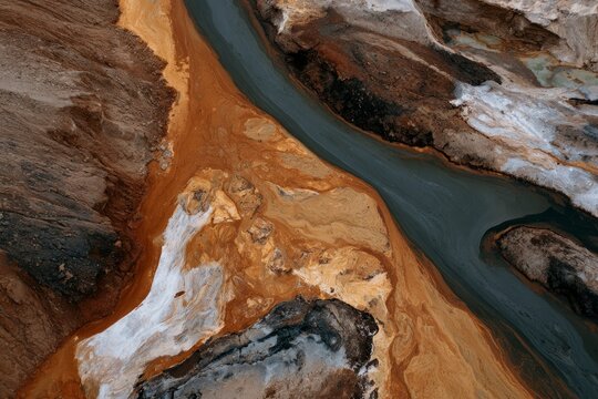 Aerial View of Polluted Landscape with Toxic Water and Colorful Mineral Deposits in a Mining Area