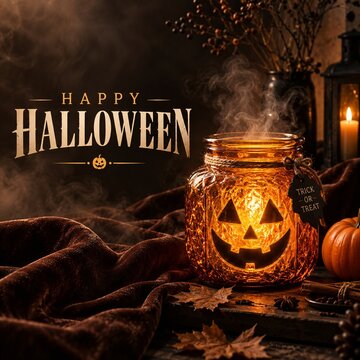 Glowing carved jack-o-lantern jar emits mysterious smoke near autumn leaves in dark rustic halloween