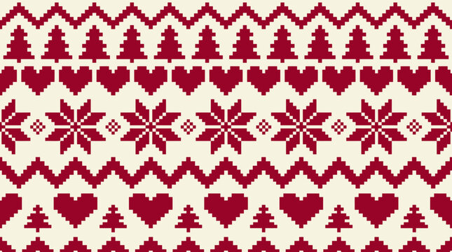 Red and white christmas sweater pattern with pixel art trees hearts and snowflake shapes Vector