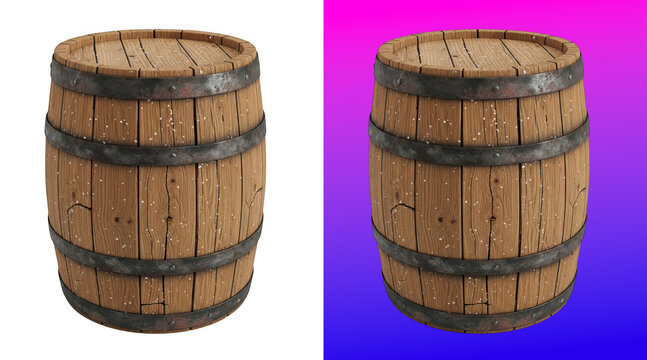 Rustic wooden barrel with metal hoops 3D render