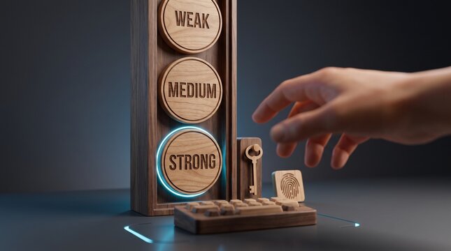 Hand selecting the strong option on a wooden password strength indicator with key and fingerprint for authentication best practices concept