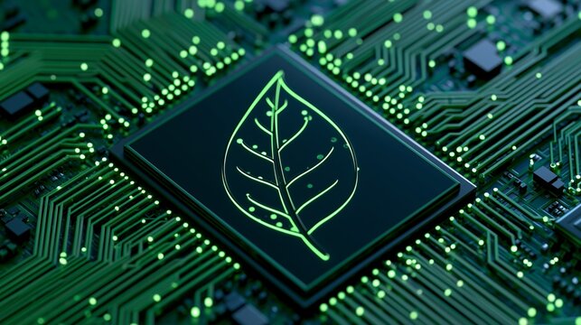 Circuit leaf green technology chip board ecology energy digital nature glowing leaf symbol on microchip with electronic pathway for sustainable innovation and environmental computing