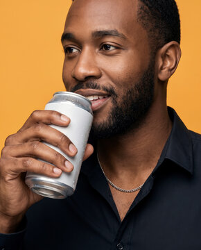 Content man drinks from a chilled can, with satisfaction with warm, saturated color