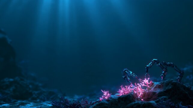 Advanced robotic arms researching bioluminescent coral reefs on the deep ocean floor under light rays