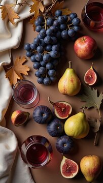 Autumn flat lay with fresh grapes, figs, pears, berries and red wine surrounded by colorful leaves. Elegant seasonal food composition with generous copy space for menus, recipes and lifestyle designs