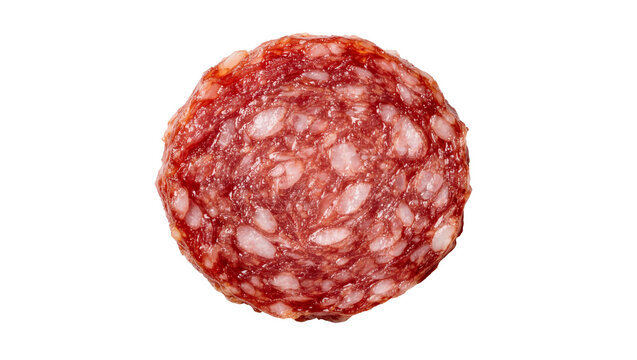 Round slice of cured salami with visible fat marbling, isolated on transparent background