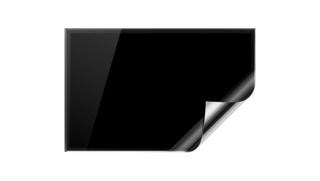 Glossy black rectangular screen with peeling corner, isolated on transparent background