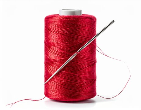 Red Sewing Thread Spool with Needle Isolated on White Background