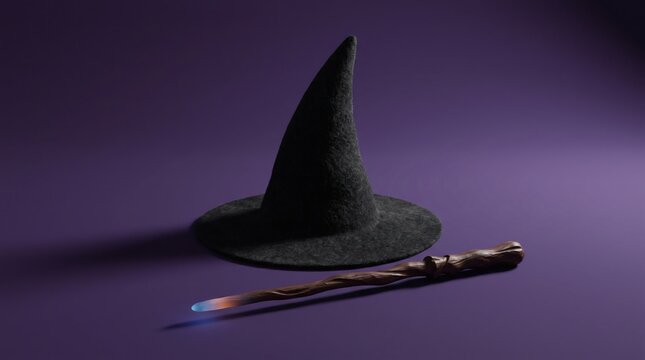 Witch Hat and Magic Wand with Glowing Tip on Dark Purple Background