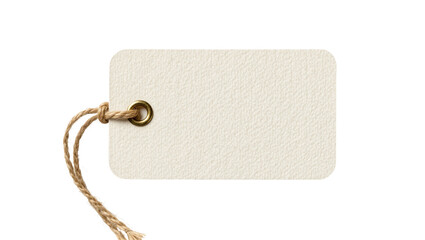 Blank textured off-white paper tag with brass grommet and jute string, isolated on transparent background © iPNGi