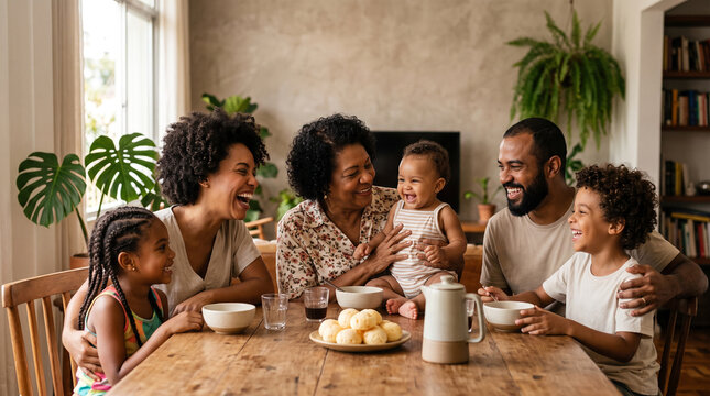 Black Brazilian family moment with grandmother, parents and children gathered around a wooden table, Black Consciousness Day