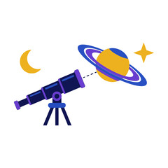 A blue telescope looking at the planet saturn with a crescent moon and a bright star Vector © azad