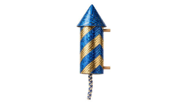 Blue and gold striped firework rocket with wooden sticks, isolated on transparent background