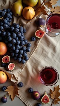 Autumn flat lay with fresh grapes, figs, pears, berries and red wine surrounded by colorful leaves. Elegant seasonal food composition with generous copy space for menus, recipes and lifestyle designs