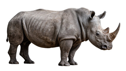 Obraz premium Massive grey rhinoceros with large horn, isolated on transparent background