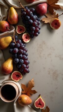 Autumn flat lay with fresh grapes, figs, pears, berries and red wine surrounded by colorful leaves. Elegant seasonal food composition with generous copy space for menus, recipes and lifestyle designs