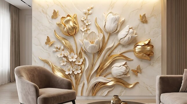 Elegant golden tulip flower 3D wall art decoration in a modern luxury living room interior with comfortable furniture