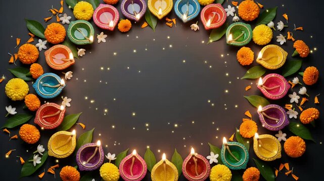 Vibrant marigolds and glowing colorful diyas form an elegant circular frame around dark copy space in this festive 3D motion graphic loop
