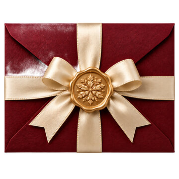 Elegant burgundy envelope with gold ribbon and wax seal isolated on transparent background