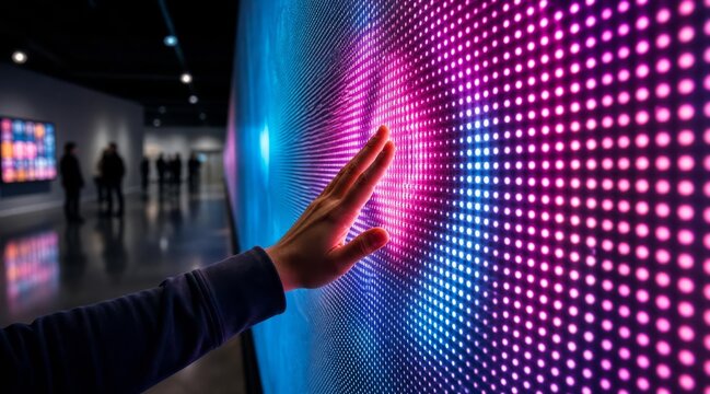 Hand touching interactive LED light wall in art gallery