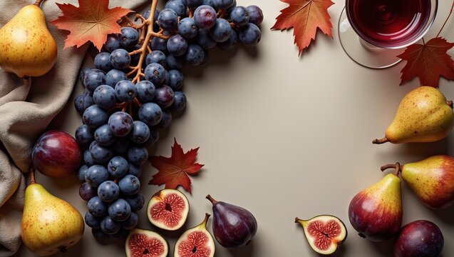 Autumn flat lay with fresh grapes, figs, pears, berries and red wine surrounded by colorful leaves. Elegant seasonal food composition with generous copy space for menus, recipes and lifestyle designs