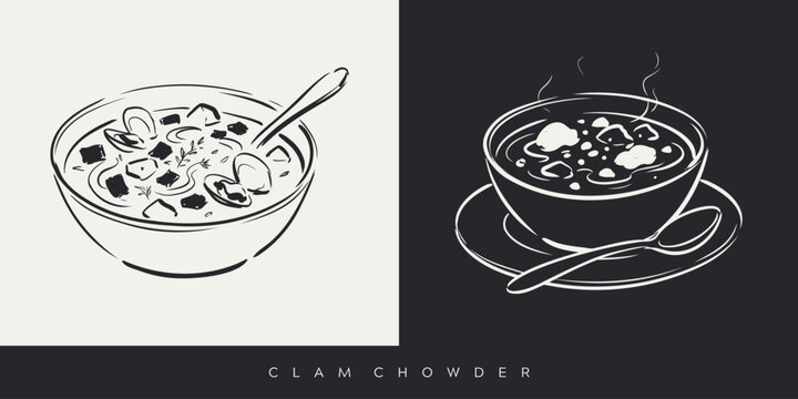 Hand drawn clam chowder soup bowl sketch illustration on white and black background
