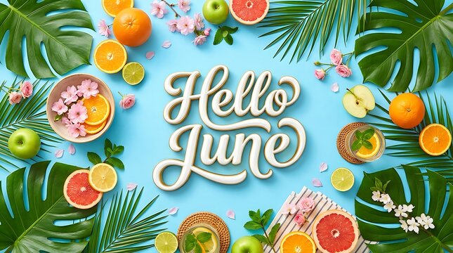 Hello June typography sign with tropical palm leaves and fresh citrus fruit slices on a bright blue background