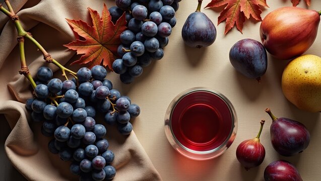 Autumn flat lay with fresh grapes, figs, pears, berries and red wine surrounded by colorful leaves. Elegant seasonal food composition with generous copy space for menus, recipes and lifestyle designs