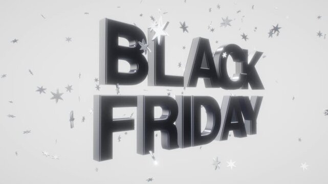 Black Friday 3D text in polished metallic chrome stands surrounded by falling silver snowflake particles on a white studio background in a CGI render