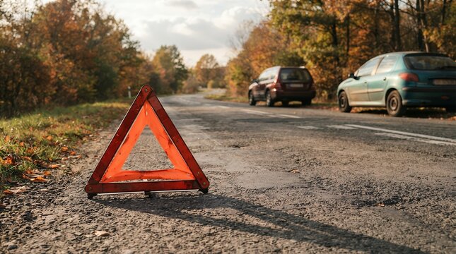 Emergency breakdown triangle on a rural road, autumn car trouble, roadside assistance needed, vehicle safety warning device, accident prevention