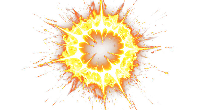 Vivid orange and yellow fire explosion impact effect in dynamic comic book style, isolated on transparent background for game UI, manga, and action scenes