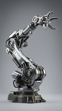 Industrial robotic arm with mechanical claw on a neutral grey background