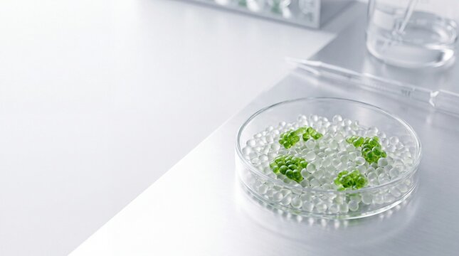 Petri dish with green botanical microalgae beads and translucent hydrogel capsules on stainless steel bench