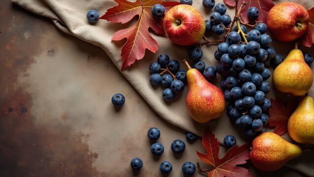 Autumn flat lay with fresh grapes, figs, pears, berries and red wine surrounded by colorful leaves. Elegant seasonal food composition with generous copy space for menus, recipes and lifestyle designs