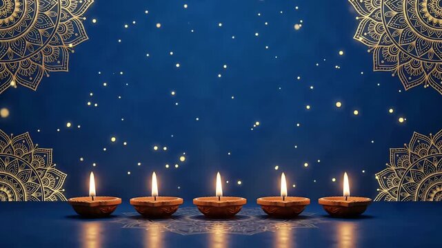 Arranged in a perfect row, five glowing diyas illuminate an expansive deep blue copy space framed by intricate golden mandalas in this elegant motion graphic loop
