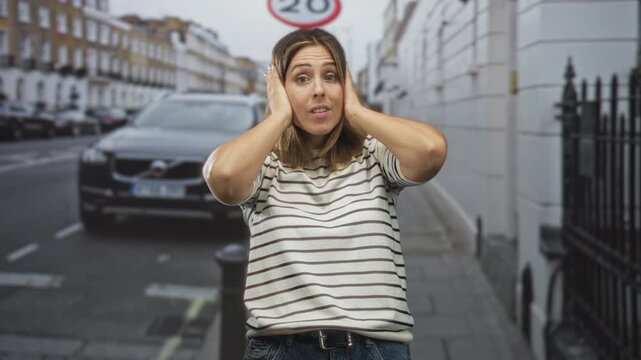 Young hispanic woman plugs ears with fingers, eyes closed, standing on a city street by parked car and 20 mph sign; frustration refusal.