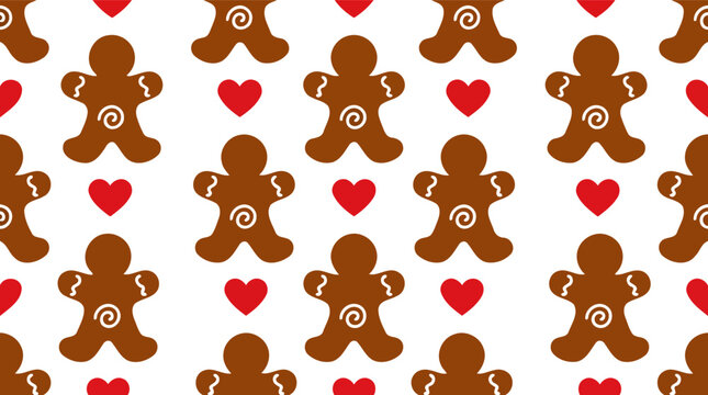 Seamless pattern with cute gingerbread man cookies and red hearts for christmas holiday design Vector