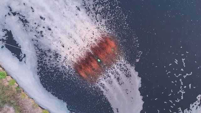 Bio gas waste water treatment pond  in industrial plants. Environment contamination Water pollution. Aerial view sewage grubby reduction for sustainable save world. ESG. Water Aerator Oxygen 