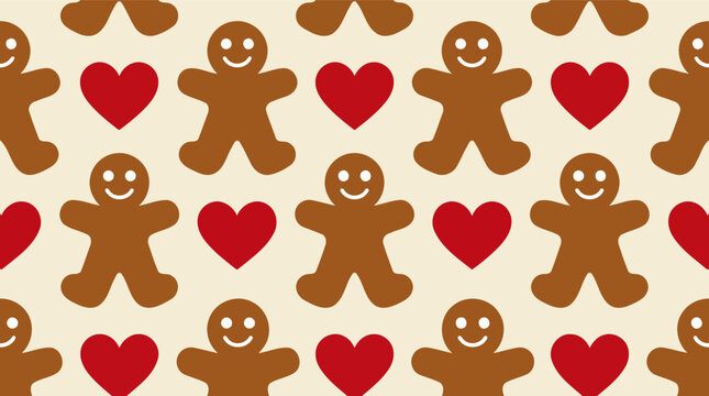 Seamless pattern with cute gingerbread men and red hearts for christmas holiday decor Vector